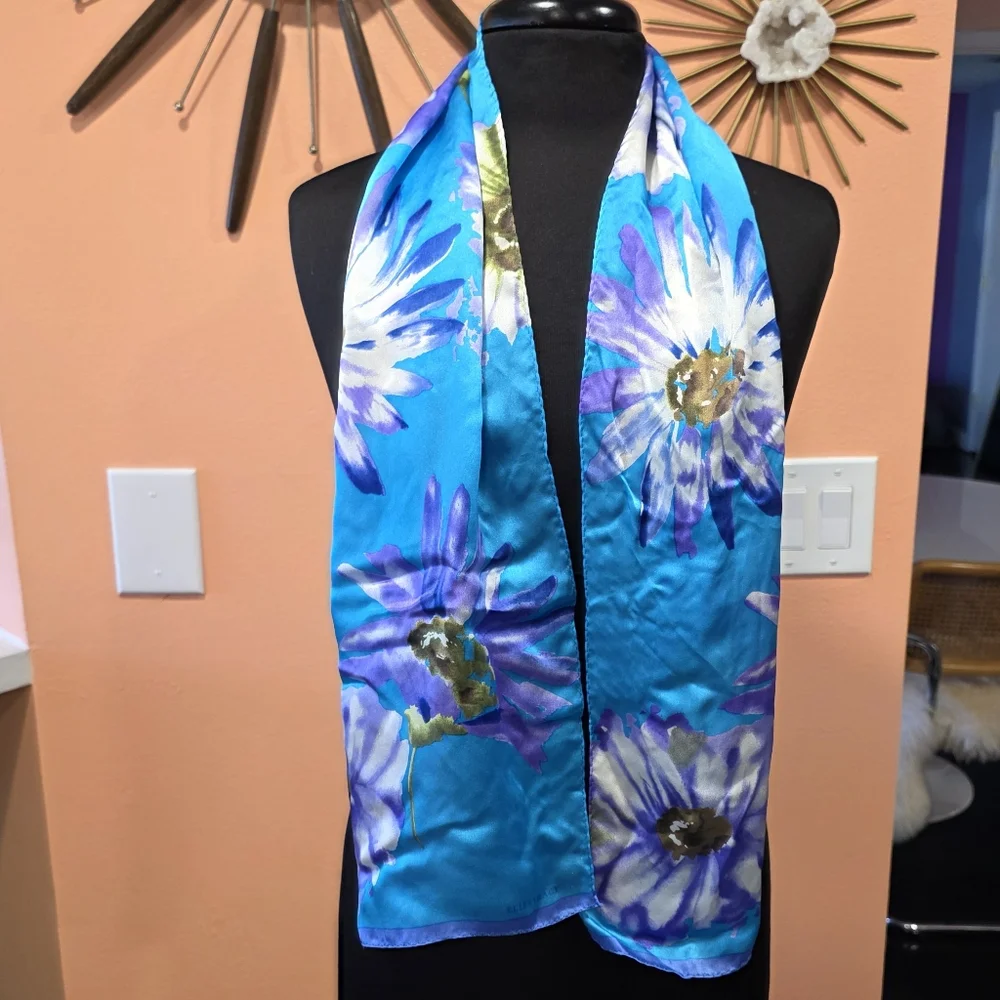 Vintage 90s Ellen Tracy Floral Silk Scarf  Blue and Purple Boho Chic Bohemian
